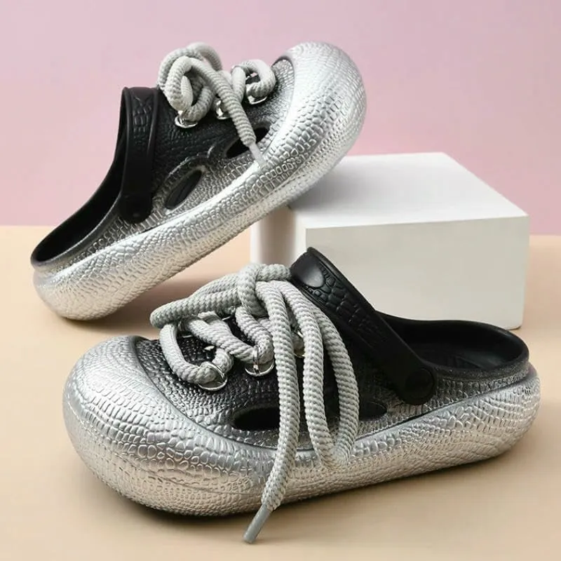 Women's Clogs Men's Large Size Thick-Soled Sandals Garden Shoes Lace-Up Silver Gold Beach Slippers