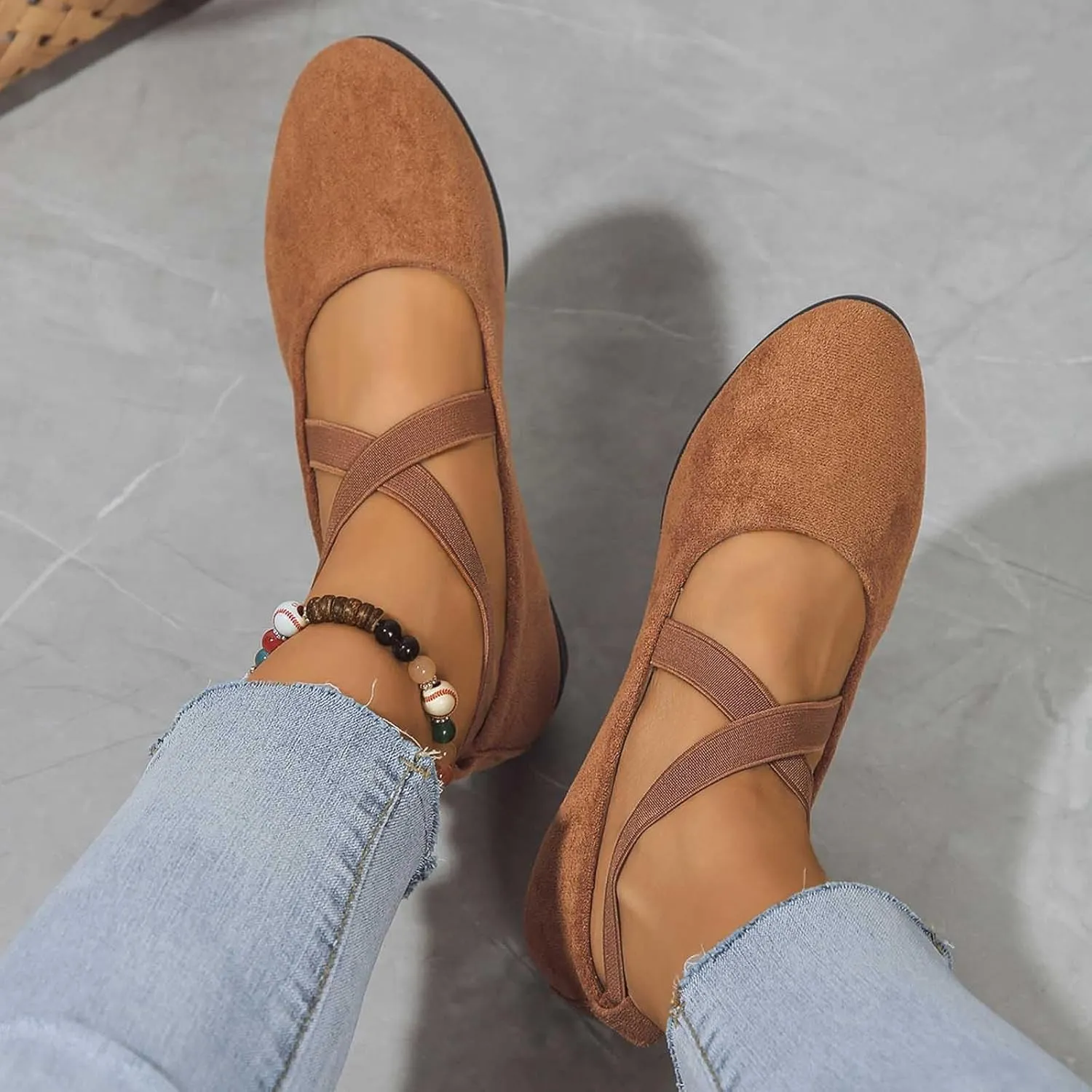 Women's Comfortable Fashion Elastic Criss-Cross Ankle Flats Shoes Close Toe Slingback Slip On Ballet Shoes Dressy Casual Soft Soles Slides Footwear Lightweight Breathable Walking Shoe