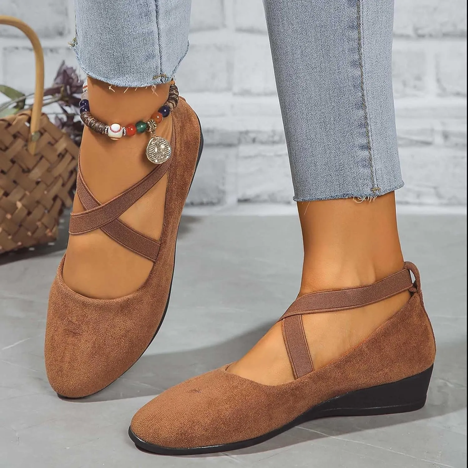 Women's Comfortable Fashion Elastic Criss-Cross Ankle Flats Shoes Close Toe Slingback Slip On Ballet Shoes Dressy Casual Soft Soles Slides Footwear Lightweight Breathable Walking Shoe