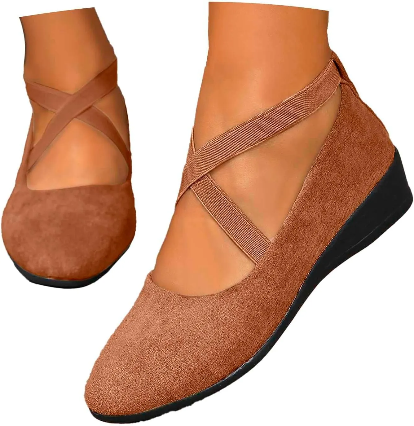 Women's Comfortable Fashion Elastic Criss-Cross Ankle Flats Shoes Close Toe Slingback Slip On Ballet Shoes Dressy Casual Soft Soles Slides Footwear Lightweight Breathable Walking Shoe