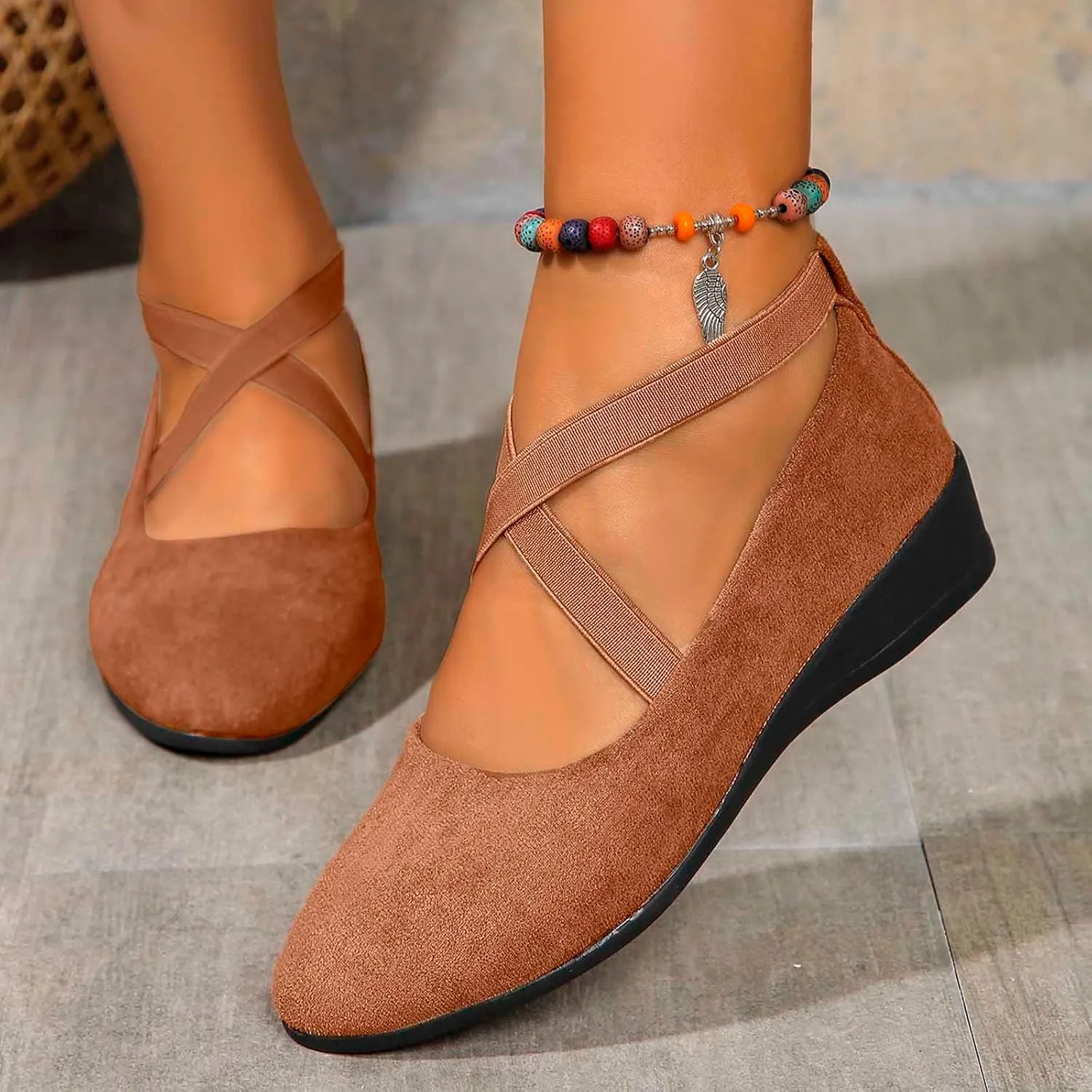 Women's Comfortable Fashion Elastic Criss-Cross Ankle Flats Shoes Close Toe Slingback Slip On Ballet Shoes Dressy Casual Soft Soles Slides Footwear Lightweight Breathable Walking Shoe