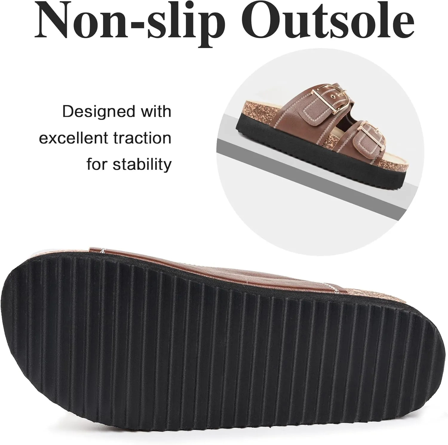 Women's Cork Platform Sandals Women with Adjustable Buckle, Black Platform Sandals Open-Toe Summer Slides for Women, Ultra-Comfortable Walking Shoes Lightweight Chunky Sandals