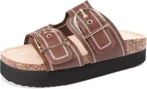 Women's Cork Platform Sandals Women with Adjustable Buckle, Black Platform Sandals Open-Toe Summer Slides for Women, Ultra-Comfortable Walking Shoes Lightweight Chunky Sandals