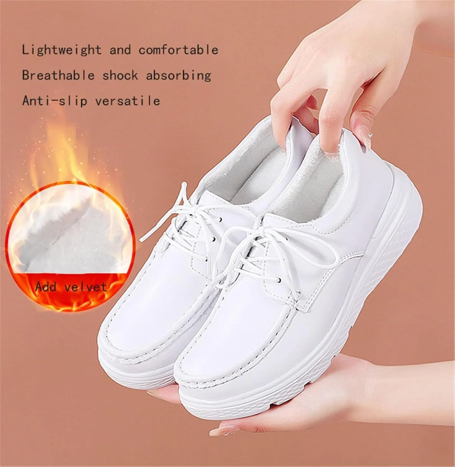 Womens Cute Warm Fur Lined Lace-Up Non-Slip Leather Working Nurse Shoes, Comfortable Soft Bottom Air Cushion Orthopedic Moccasin Loafers, for Medical Workers, Doctors