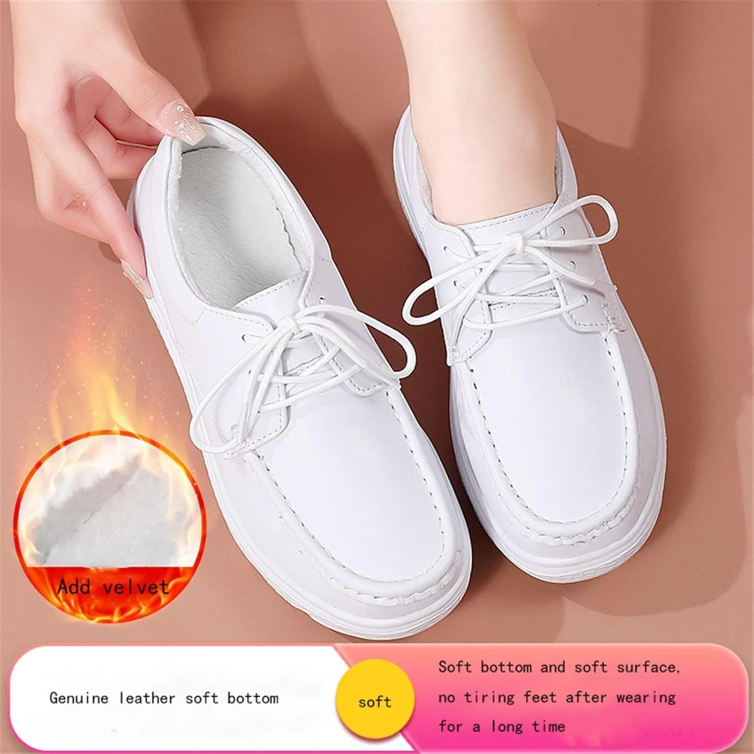 Womens Cute Warm Fur Lined Lace-Up Non-Slip Leather Working Nurse Shoes, Comfortable Soft Bottom Air Cushion Orthopedic Moccasin Loafers, for Medical Workers, Doctors