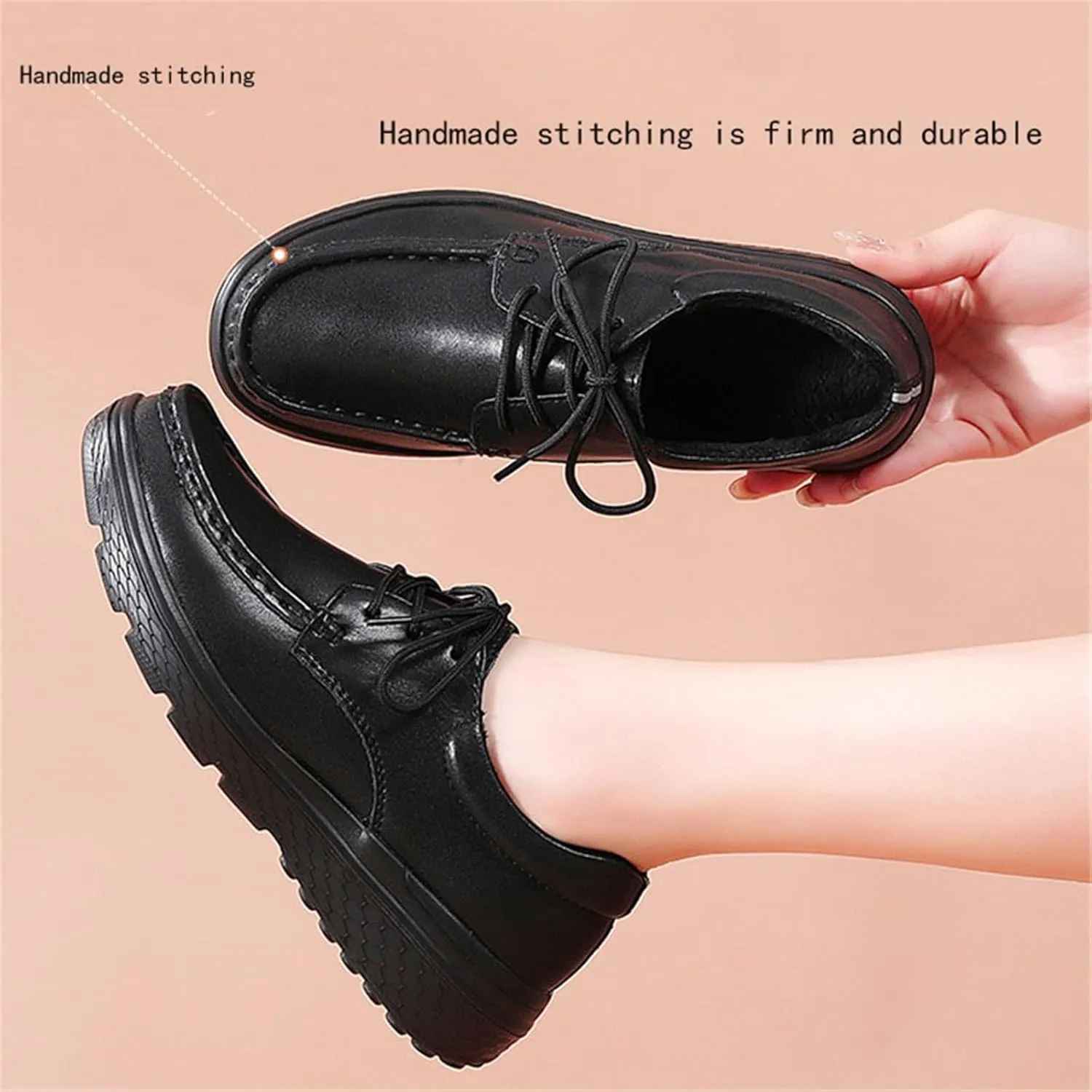 Womens Cute Warm Fur Lined Lace-Up Non-Slip Leather Working Nurse Shoes, Comfortable Soft Bottom Air Cushion Orthopedic Moccasin Loafers, for Medical Workers, Doctors