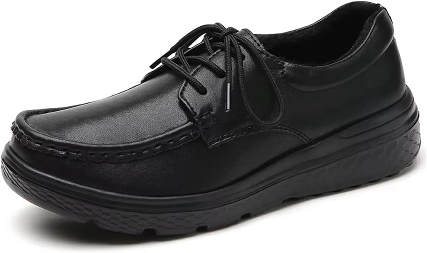 Womens Cute Warm Fur Lined Lace-Up Non-Slip Leather Working Nurse Shoes, Comfortable Soft Bottom Air Cushion Orthopedic Moccasin Loafers, for Medical Workers, Doctors