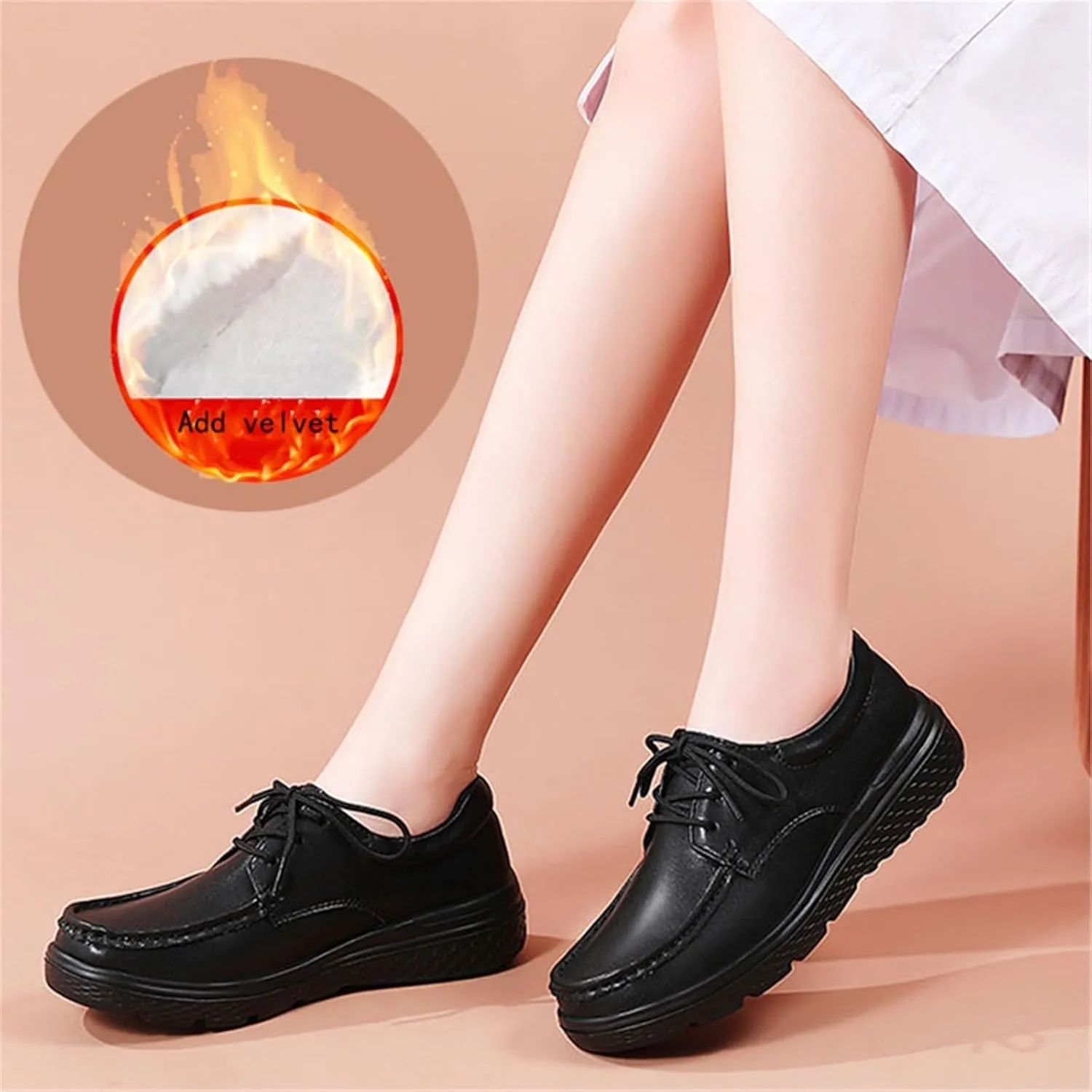 Womens Cute Warm Fur Lined Lace-Up Non-Slip Leather Working Nurse Shoes, Comfortable Soft Bottom Air Cushion Orthopedic Moccasin Loafers, for Medical Workers, Doctors