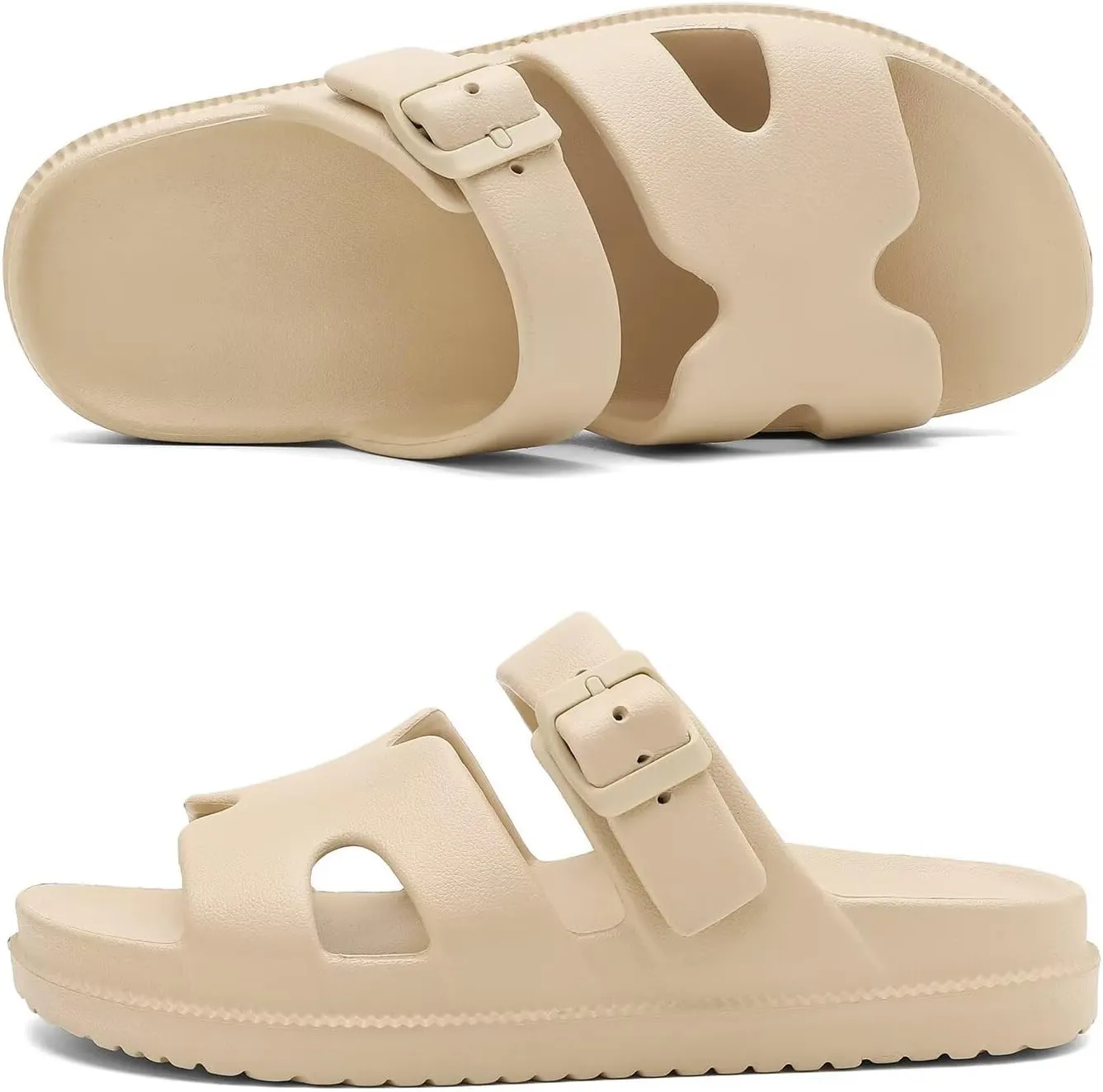 Women's Flat Sandals with Arch Support, Summer Beach Slides Adjustable Buckle, Comfort Lightweight Cushion Slip on H-Strap Sandal