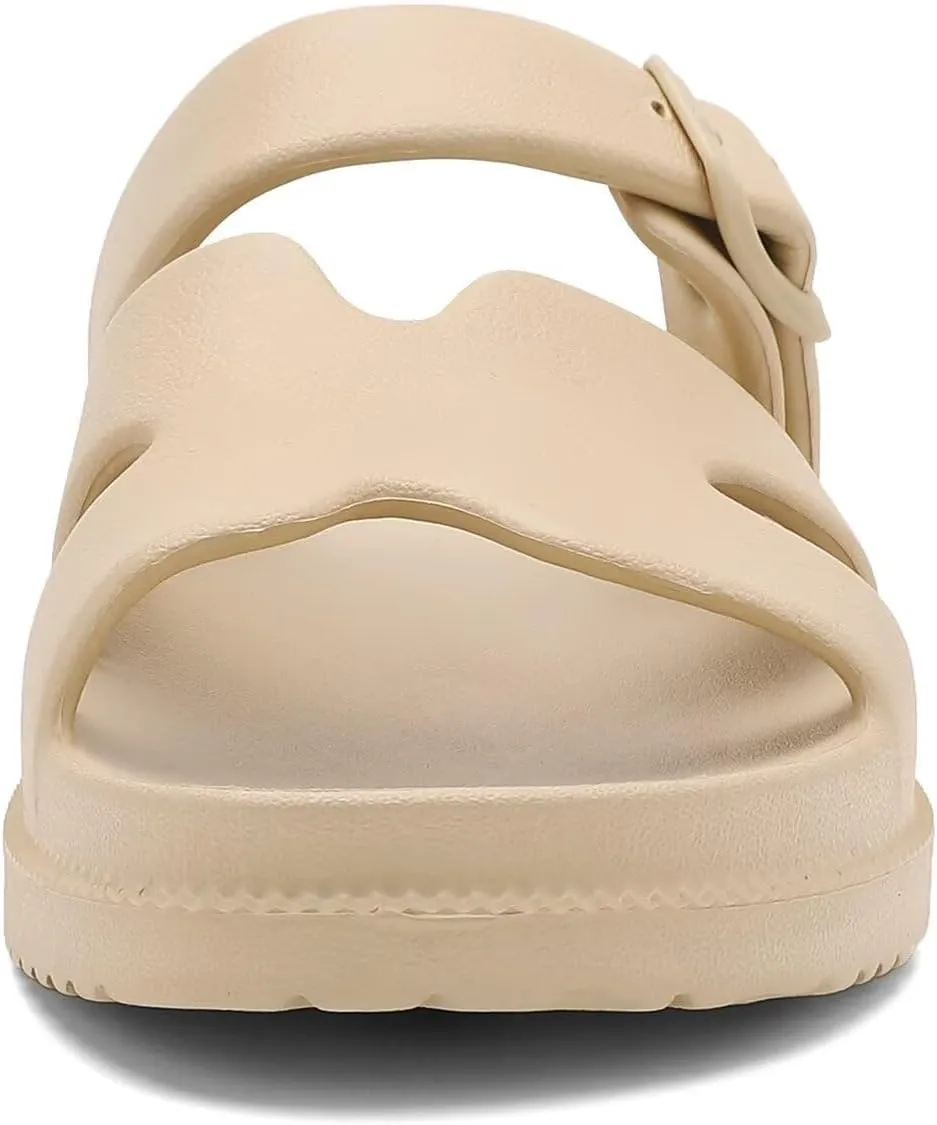 Women's Flat Sandals with Arch Support, Summer Beach Slides Adjustable Buckle, Comfort Lightweight Cushion Slip on H-Strap Sandal