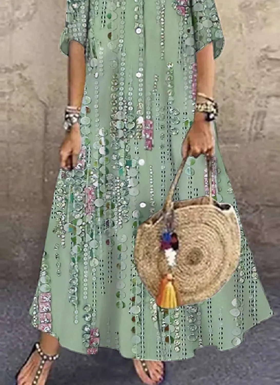 Women's Floral Print Maxi Dresses 2025 Spring Summer Casual Boho V-Neck 3/4 Sleeve Shift Long Dress Beach Vacation Dress