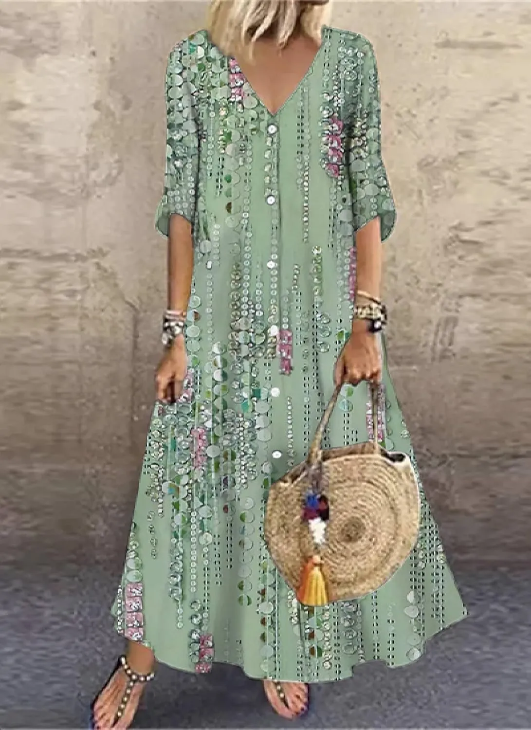 Women's Floral Print Maxi Dresses 2025 Spring Summer Casual Boho V-Neck 3/4 Sleeve Shift Long Dress Beach Vacation Dress