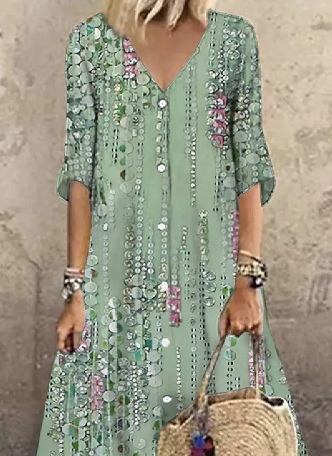 Women's Floral Print Maxi Dresses 2025 Spring Summer Casual Boho V-Neck 3/4 Sleeve Shift Long Dress Beach Vacation Dress