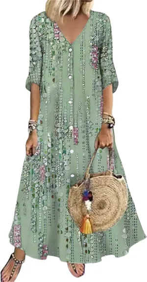 Women's Floral Print Maxi Dresses 2025 Spring Summer Casual Boho V-Neck 3/4 Sleeve Shift Long Dress Beach Vacation Dress