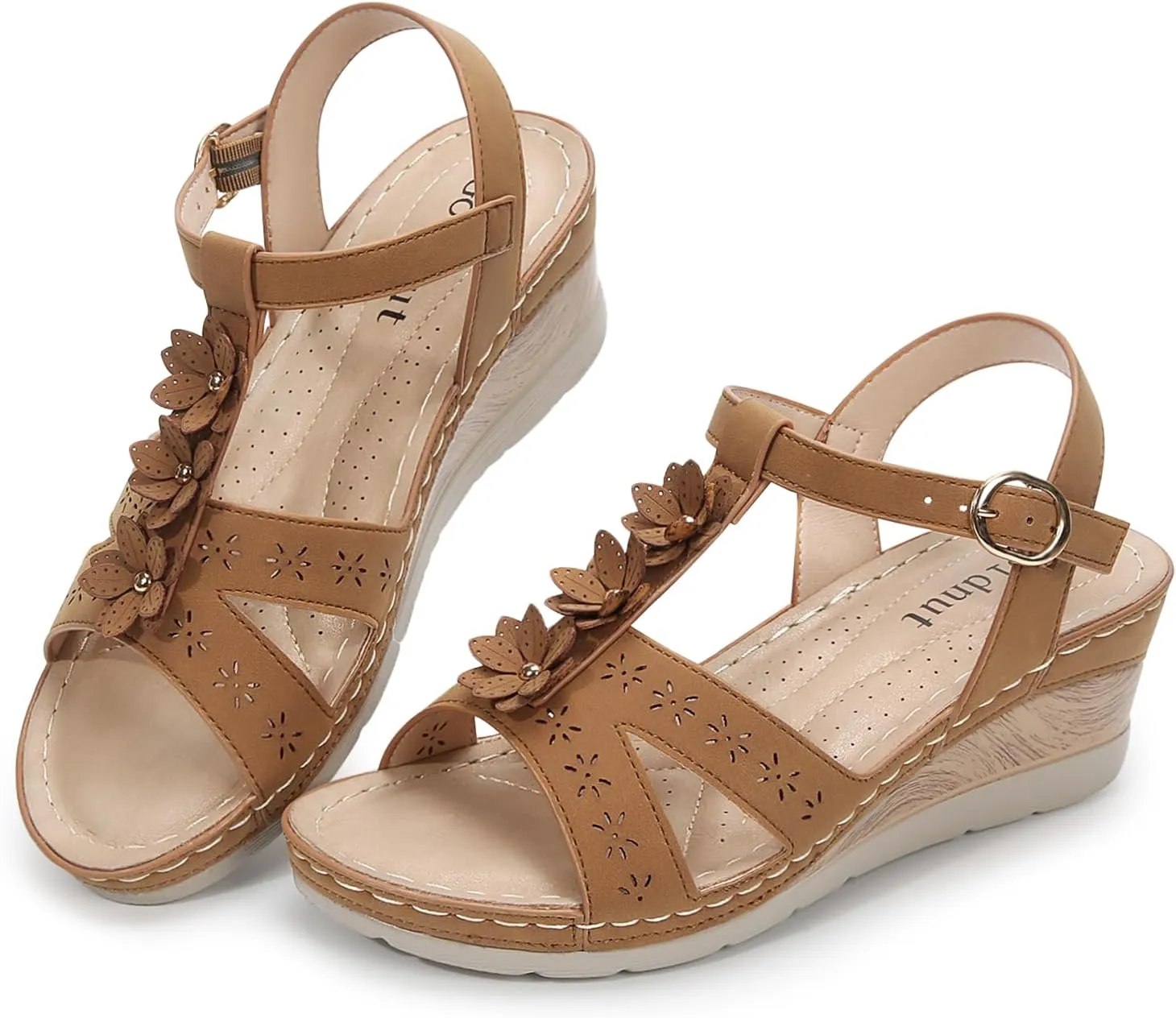 Women's Flowers Ankle T Strap Hollow Out Lightweight Wedge Heels Sandals