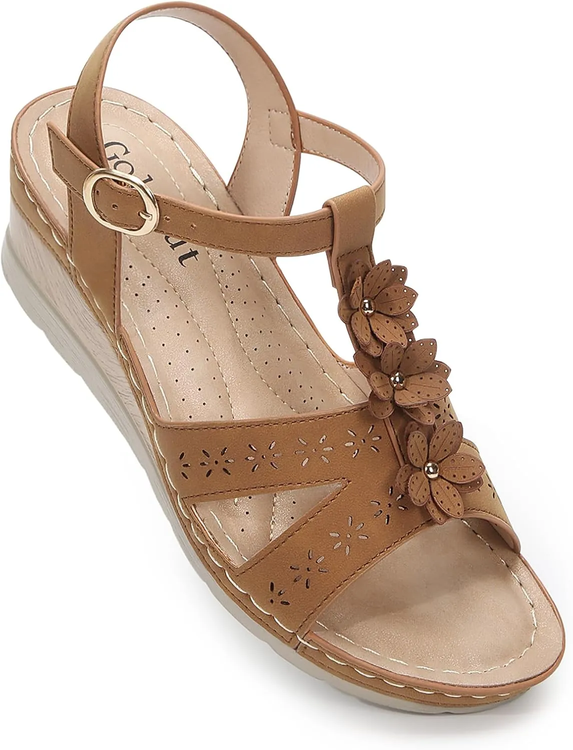 Women's Flowers Ankle T Strap Hollow Out Lightweight Wedge Heels Sandals