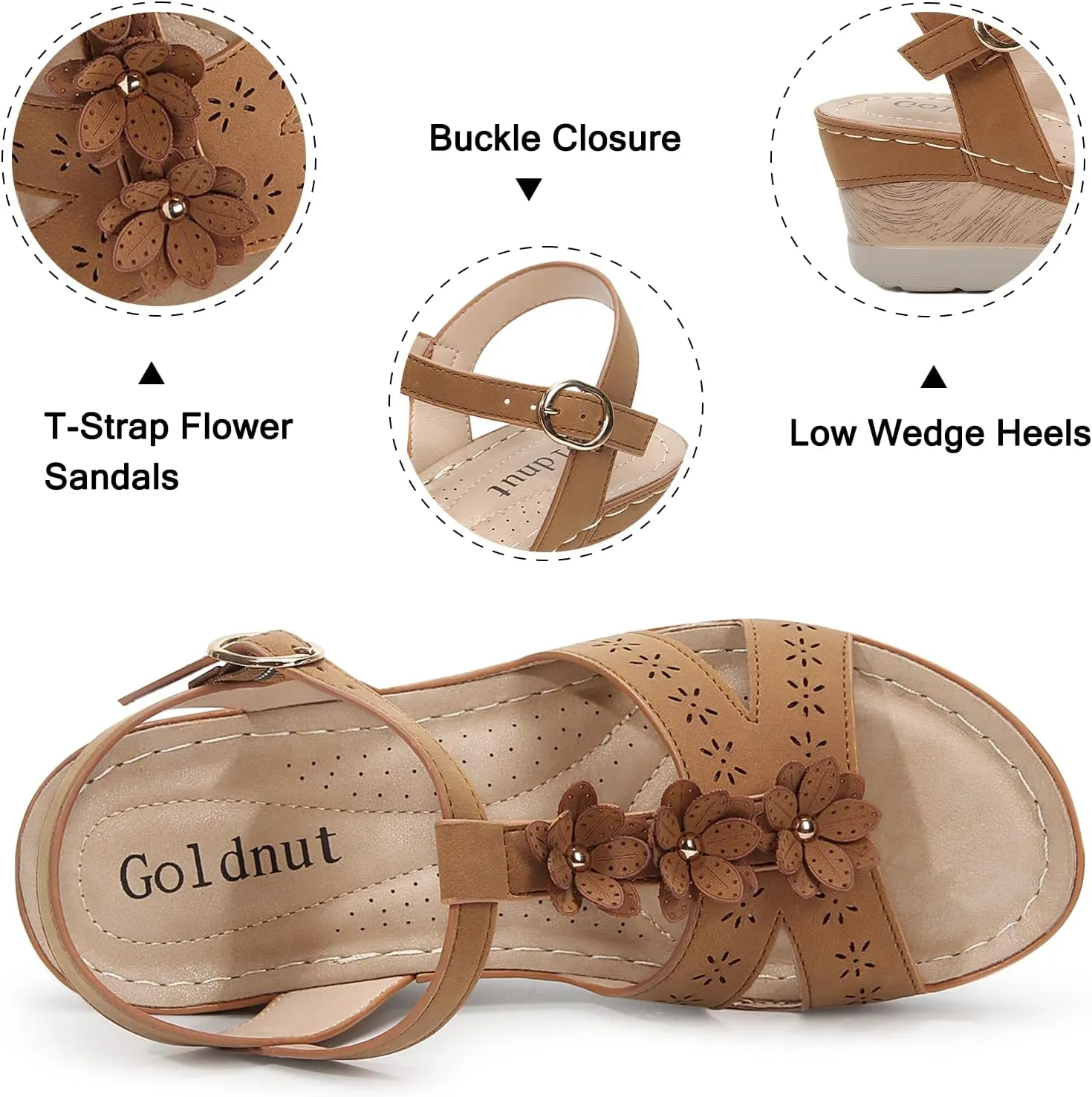 Women's Flowers Ankle T Strap Hollow Out Lightweight Wedge Heels Sandals
