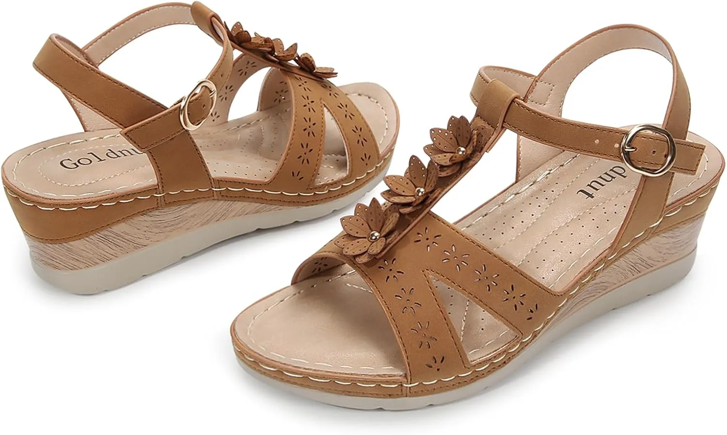 Women's Flowers Ankle T Strap Hollow Out Lightweight Wedge Heels Sandals
