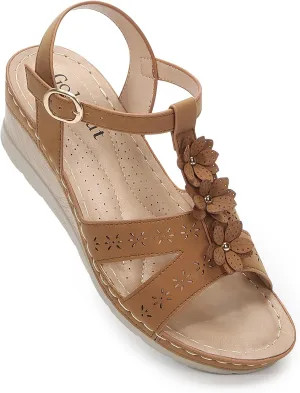 Women's Flowers Ankle T Strap Hollow Out Lightweight Wedge Heels Sandals
