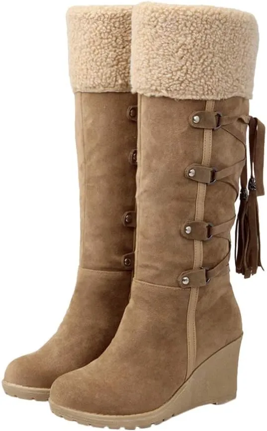 Womens High Boot Wedge Booties with Fringe Winter Snow Boots Girl