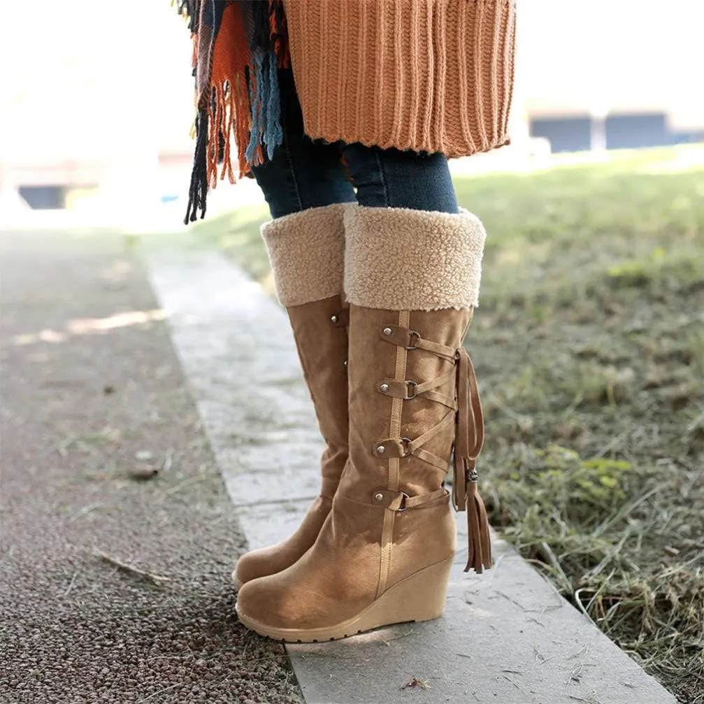 Womens High Boot Wedge Booties with Fringe Winter Snow Boots Girl