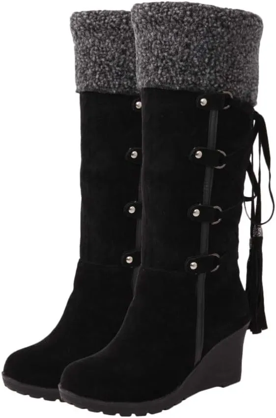 Womens High Boot Wedge Booties with Fringe Winter Snow Boots Girl