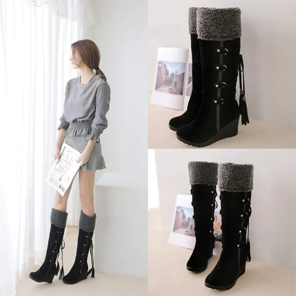 Womens High Boot Wedge Booties with Fringe Winter Snow Boots Girl