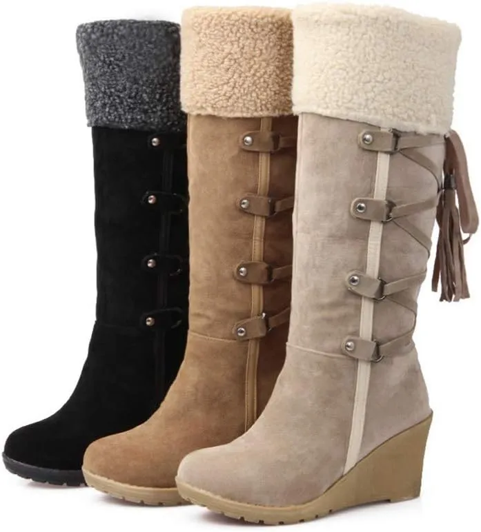 Womens High Boot Wedge Booties with Fringe Winter Snow Boots Girl