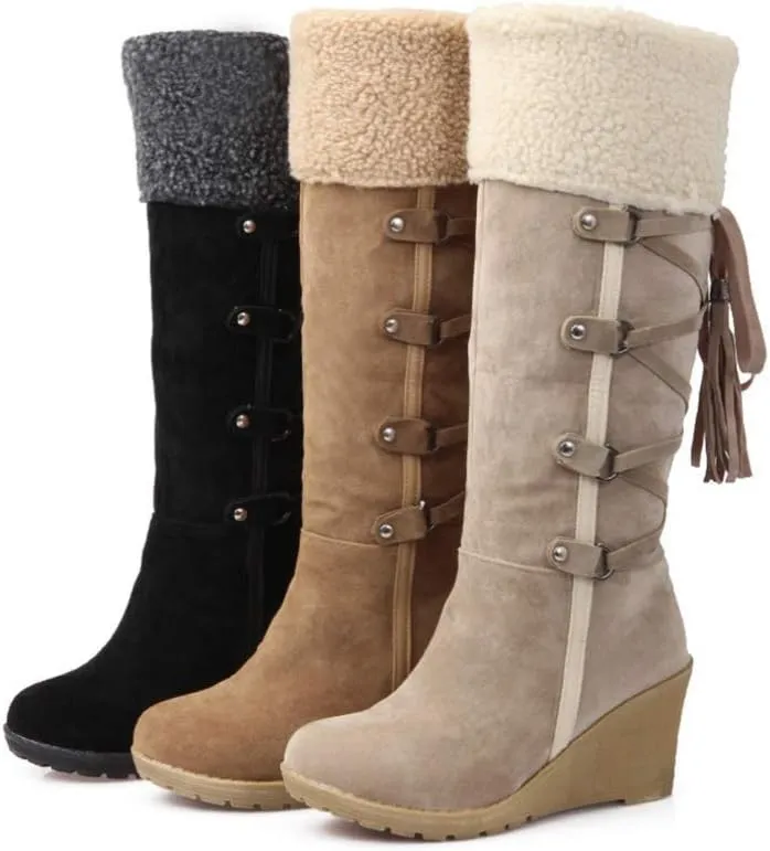 Womens High Boot Wedge Booties with Fringe Winter Snow Boots Girl