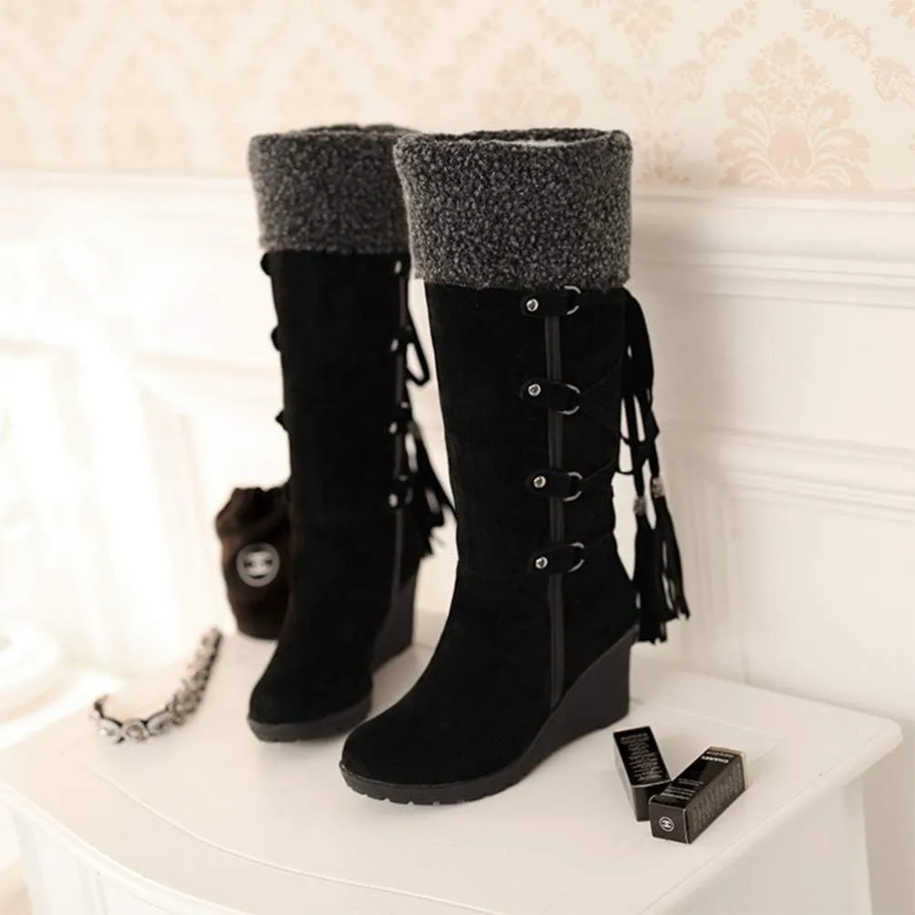 Womens High Boot Wedge Booties with Fringe Winter Snow Boots Girl
