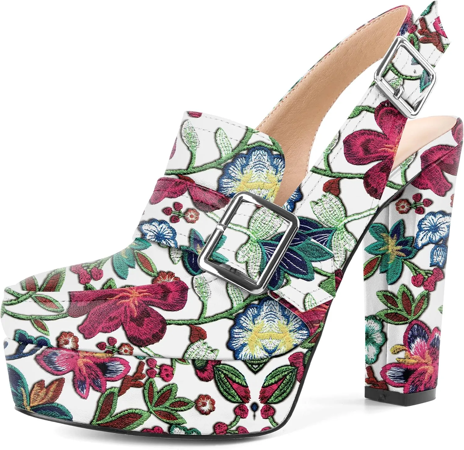 Women's High Heel Loafers Platform Pumps Round Toe Heels Chunky Heel Pumps Stylish Comfortable 4.8 Inch Slingback Heels