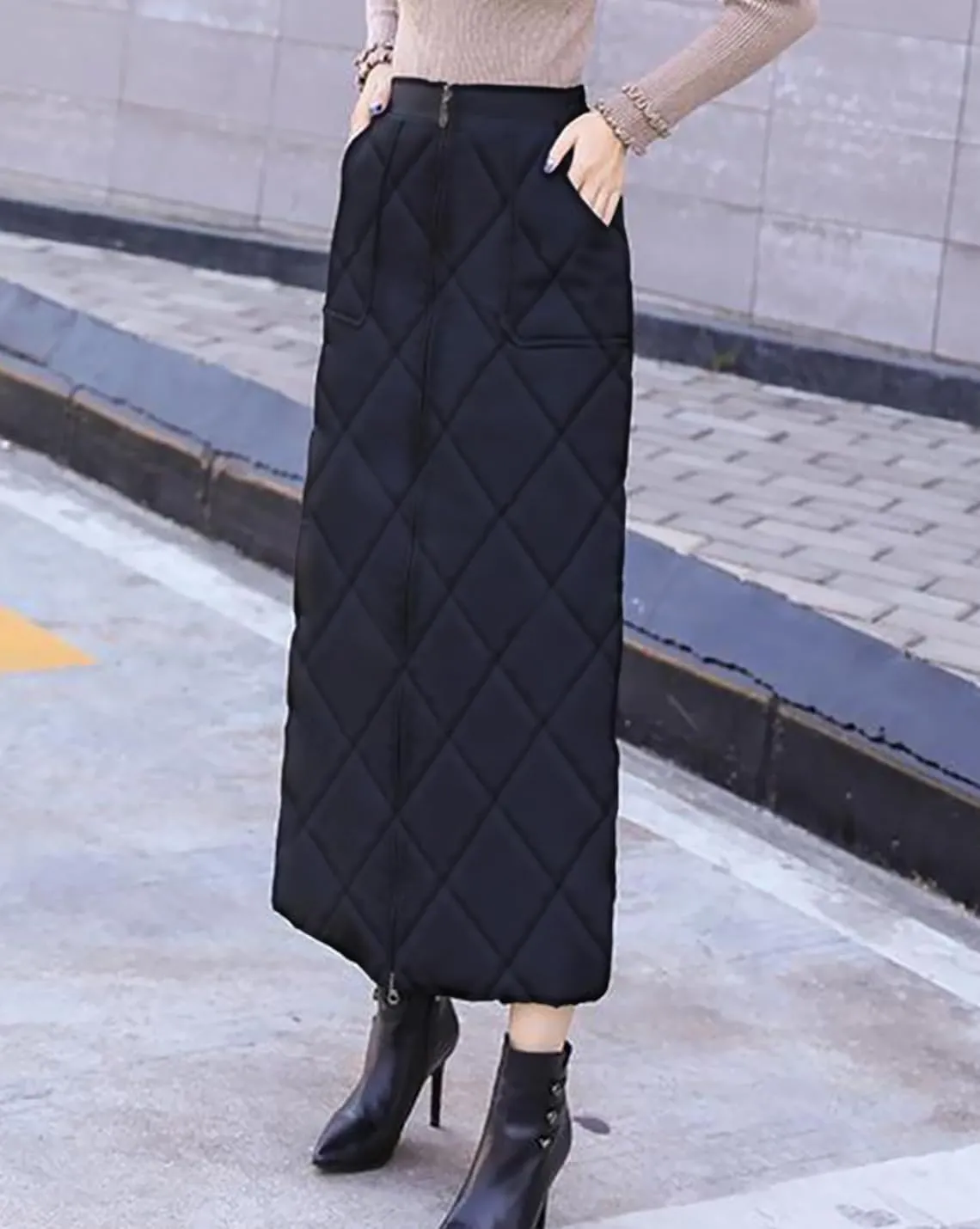 Womens Insulated Down Skirt Winter Warm Zip Front Padded Puffer Quilted Skirt with Pockets
