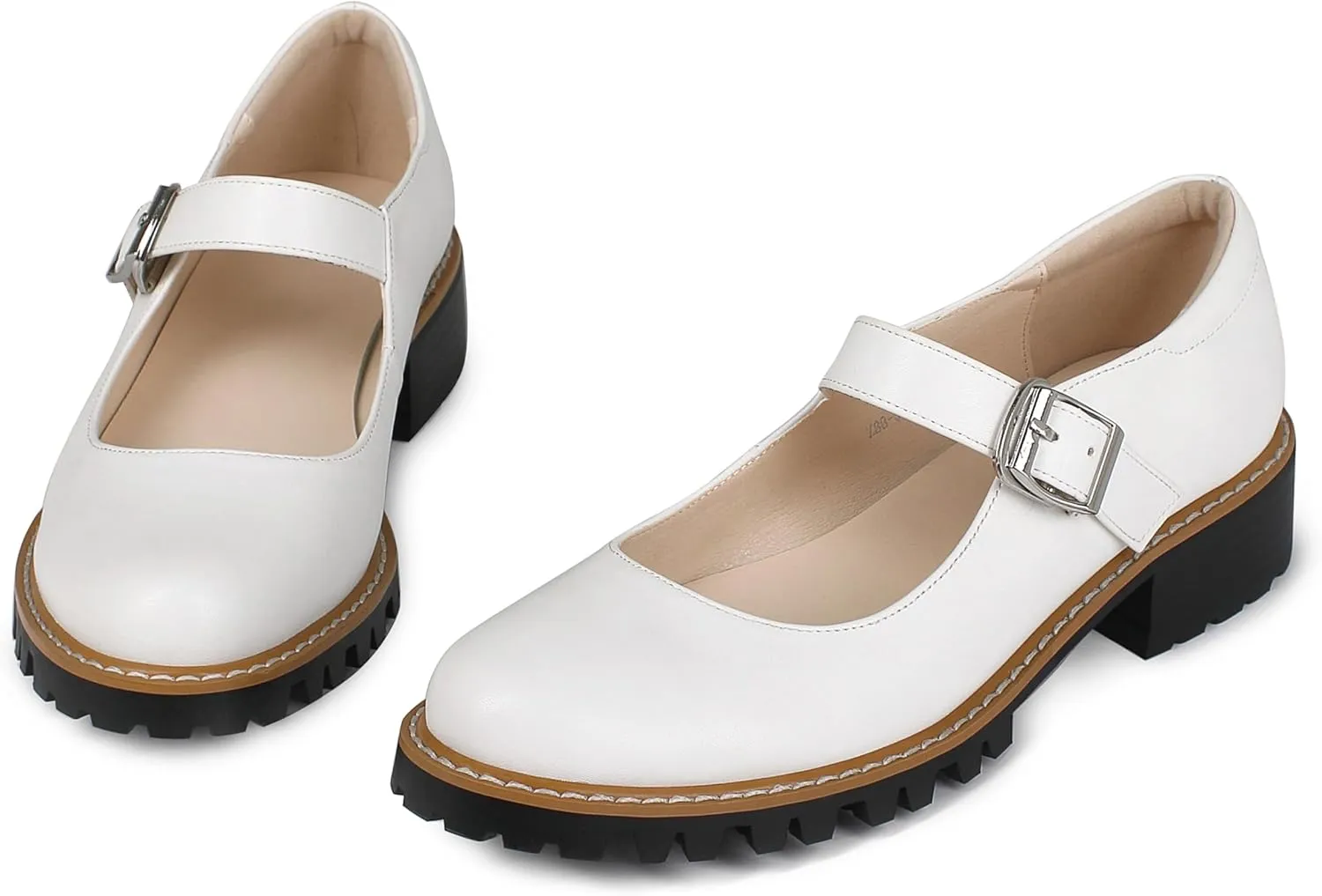 Women's Leather Oxford Mary Janes Shoes Flats Chunky Low Heels Platform Sewing Retro Classics Round Toe Ankle Strap