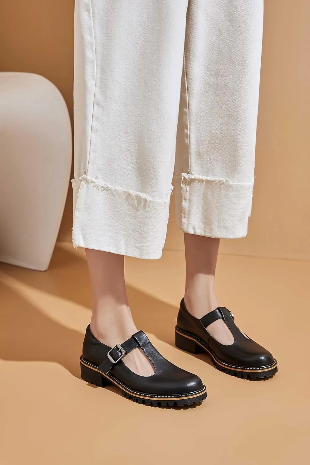 Women's Leather Oxford Mary Janes Shoes Flats Chunky Low Heels Platform Sewing Retro Classics Round Toe Ankle Strap