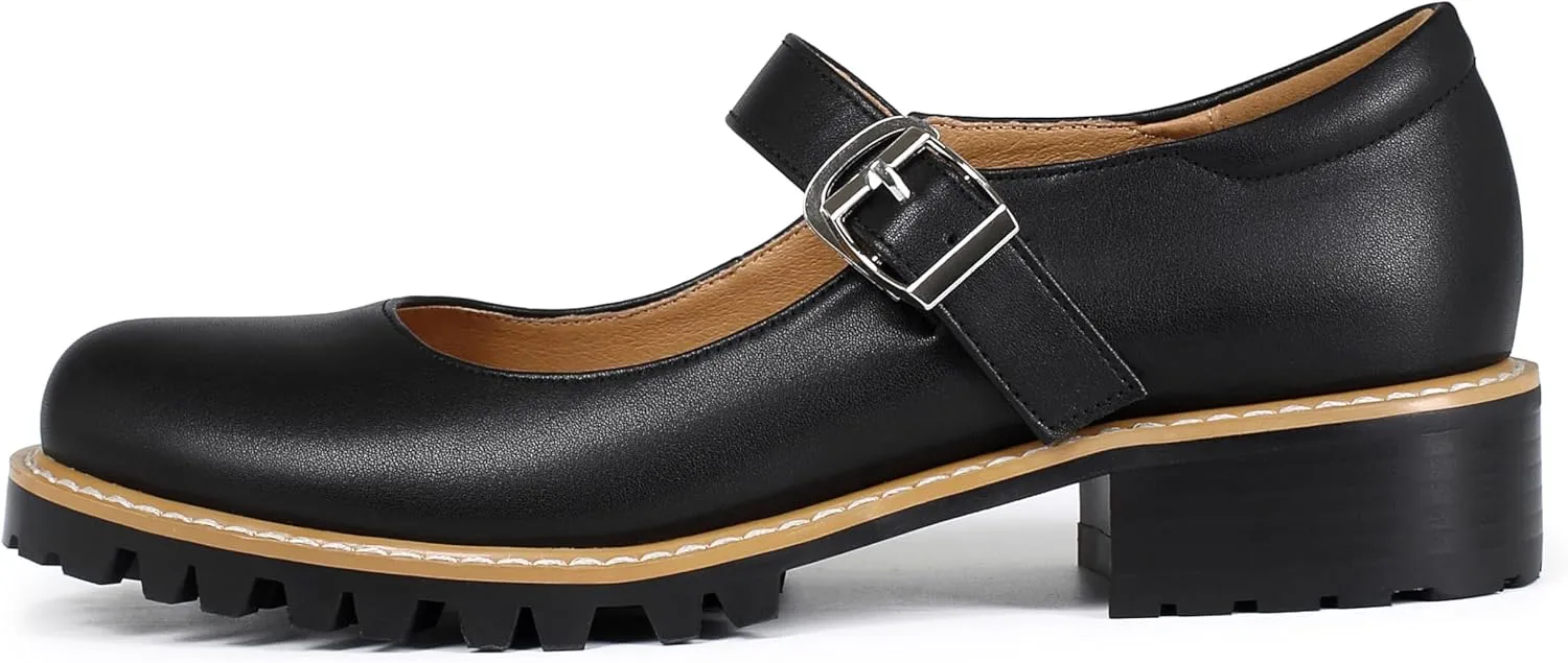 Women's Leather Oxford Mary Janes Shoes Flats Chunky Low Heels Platform Sewing Retro Classics Round Toe Ankle Strap