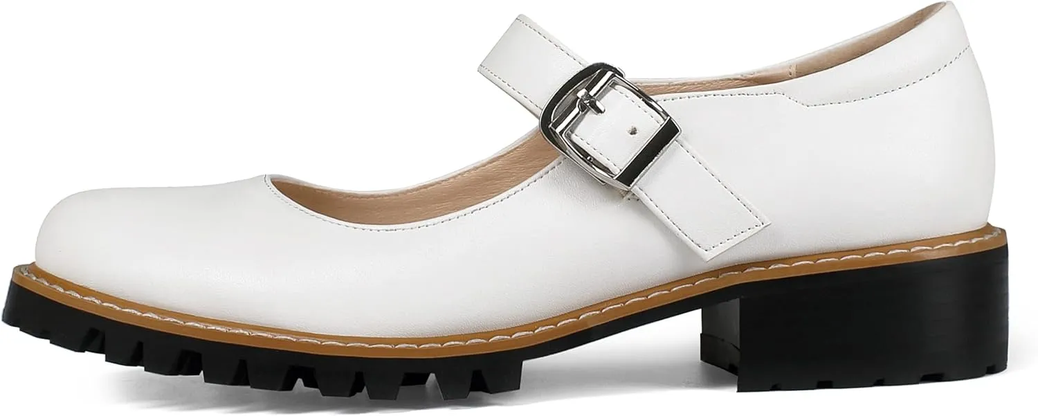 Women's Leather Oxford Mary Janes Shoes Flats Chunky Low Heels Platform Sewing Retro Classics Round Toe Ankle Strap