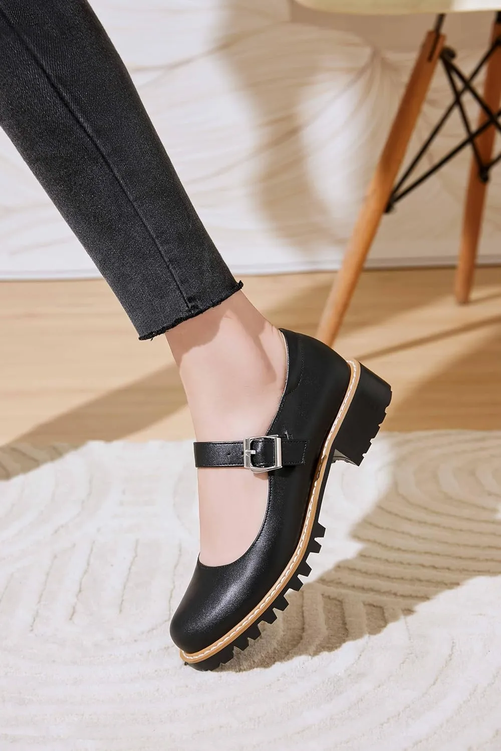 Women's Leather Oxford Mary Janes Shoes Flats Chunky Low Heels Platform Sewing Retro Classics Round Toe Ankle Strap
