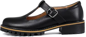 Women's Leather Oxford Mary Janes Shoes Flats Chunky Low Heels Platform Sewing Retro Classics Round Toe Ankle Strap
