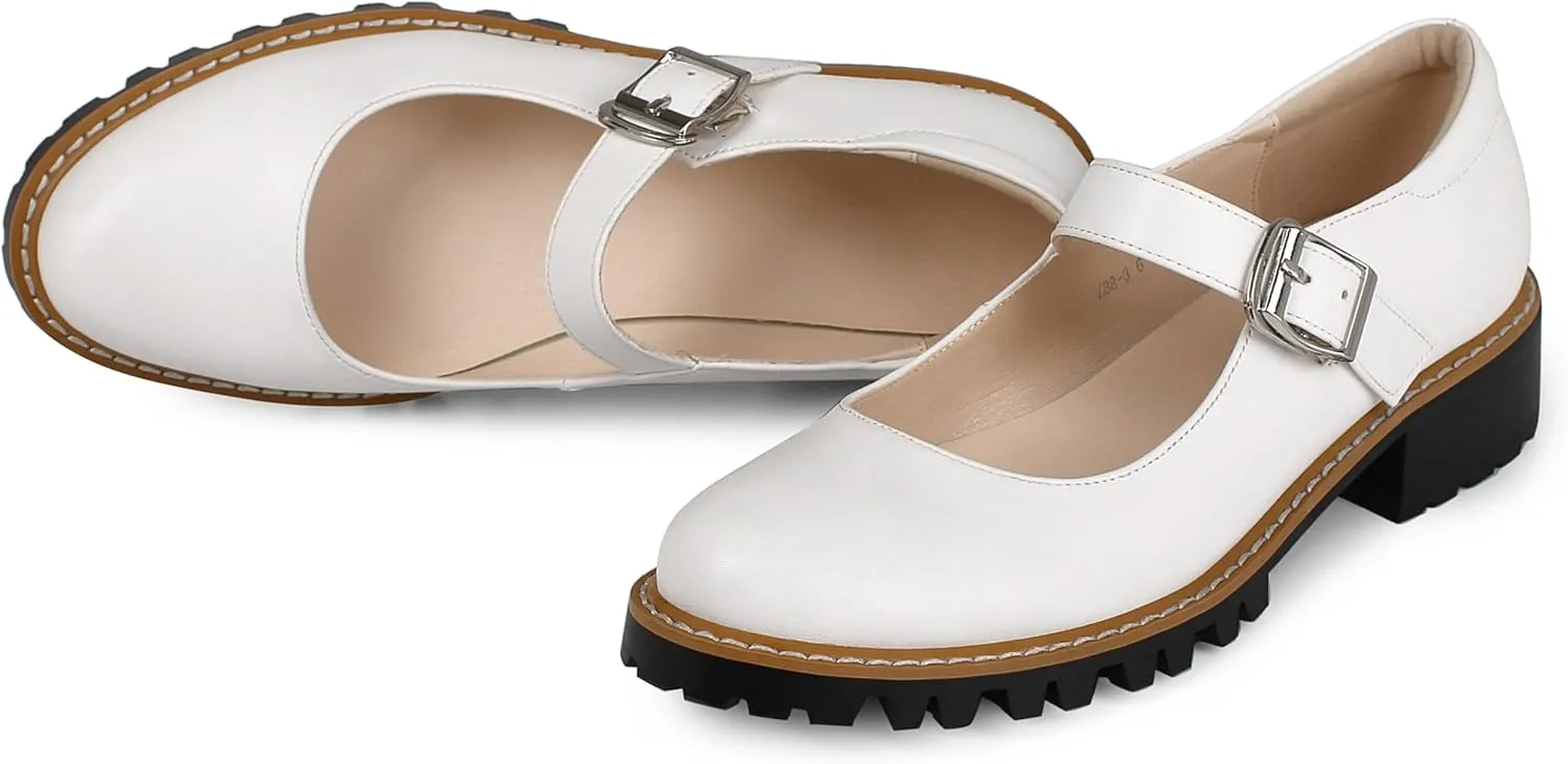 Women's Leather Oxford Mary Janes Shoes Flats Chunky Low Heels Platform Sewing Retro Classics Round Toe Ankle Strap