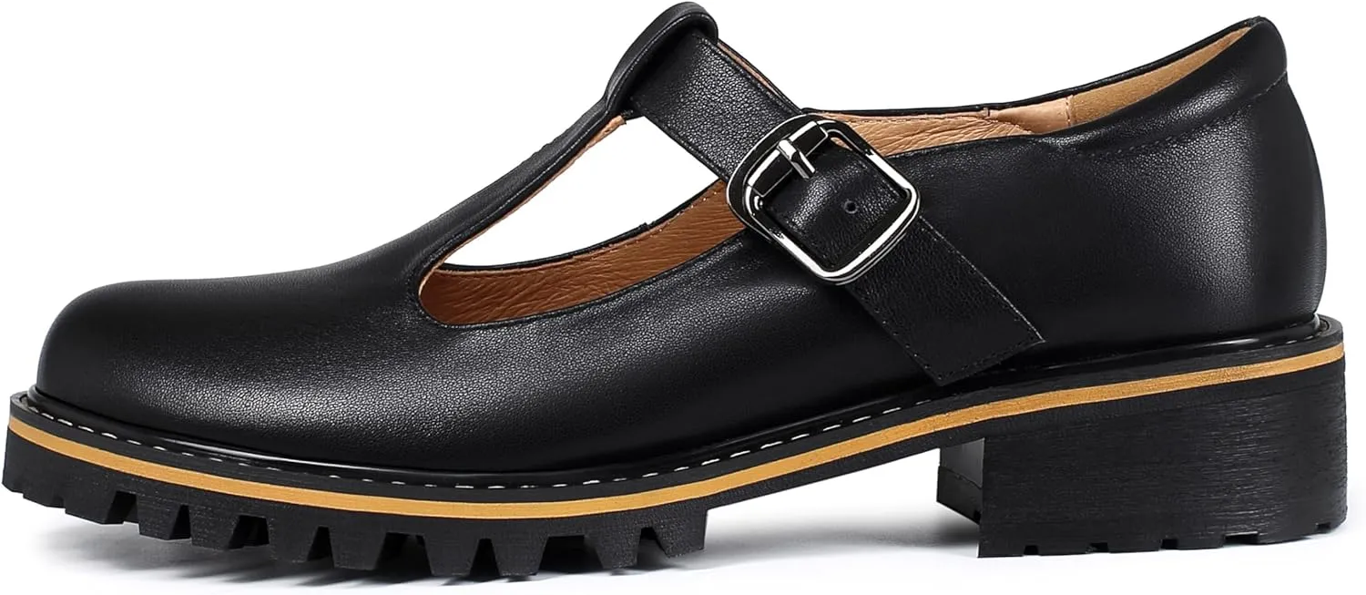 Women's Leather Oxford Mary Janes Shoes Flats Chunky Low Heels Platform Sewing Retro Classics Round Toe Ankle Strap
