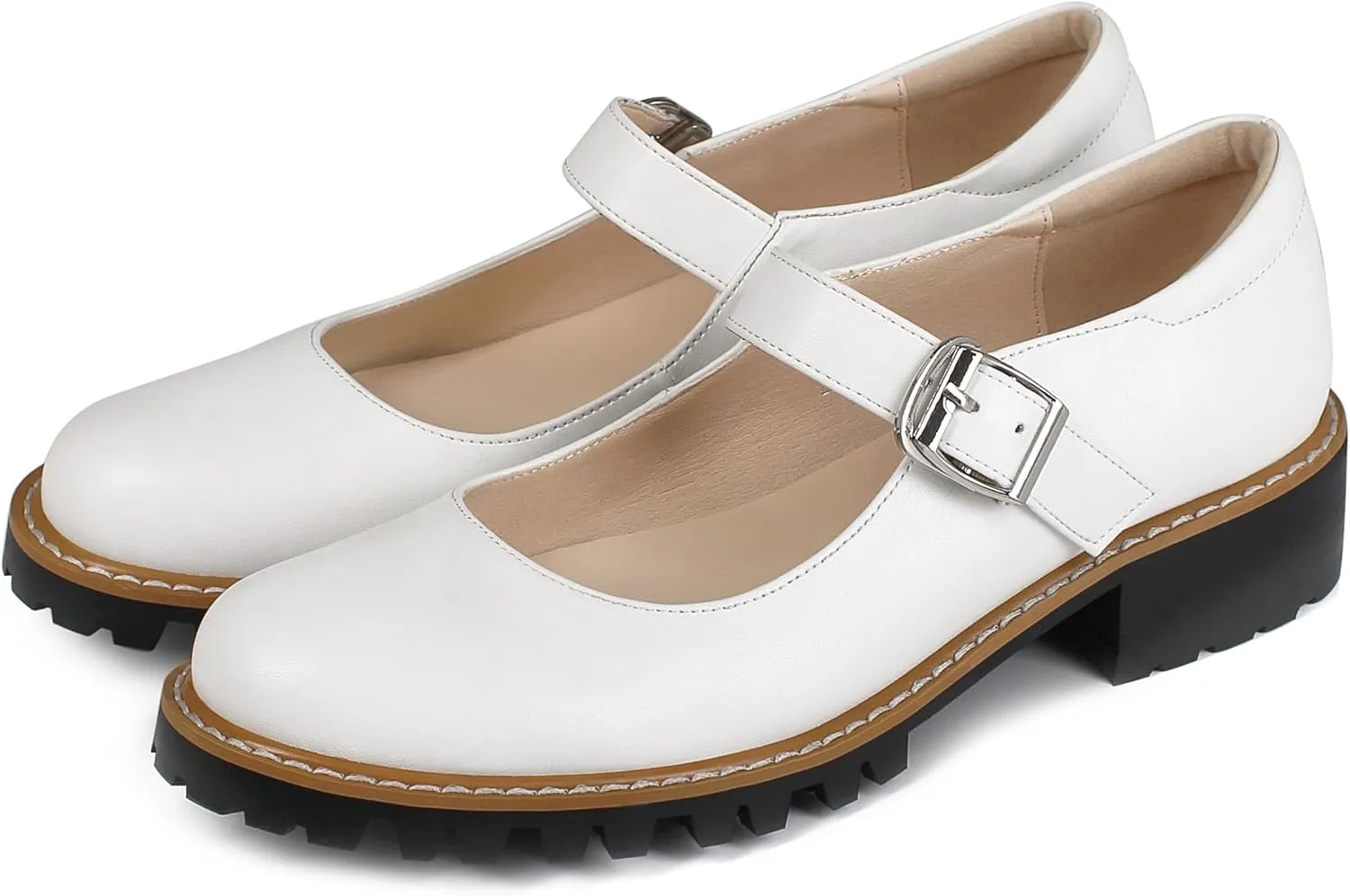 Women's Leather Oxford Mary Janes Shoes Flats Chunky Low Heels Platform Sewing Retro Classics Round Toe Ankle Strap