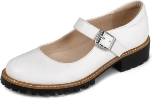 Women's Leather Oxford Mary Janes Shoes Flats Chunky Low Heels Platform Sewing Retro Classics Round Toe Ankle Strap