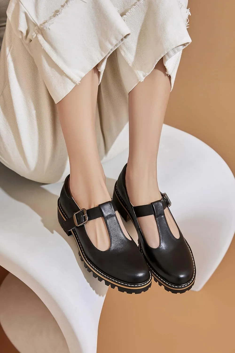 Women's Leather Oxford Mary Janes Shoes Flats Chunky Low Heels Platform Sewing Retro Classics Round Toe Ankle Strap