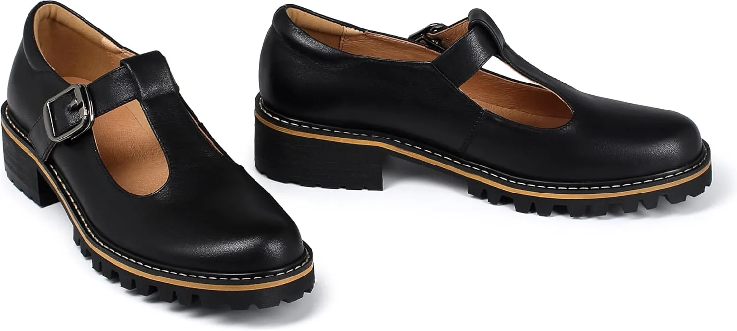 Women's Leather Oxford Mary Janes Shoes Flats Chunky Low Heels Platform Sewing Retro Classics Round Toe Ankle Strap