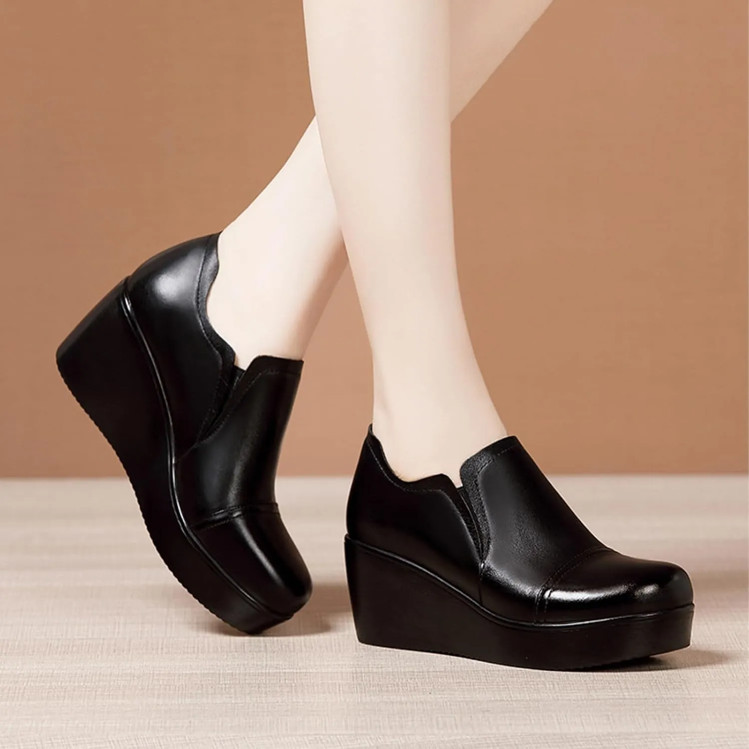 Women's Leather Wedge Heel Slip On Booties Comfort Round Toe Non Slip Platform Ankle Boots Casual Shopping Walking Loafers