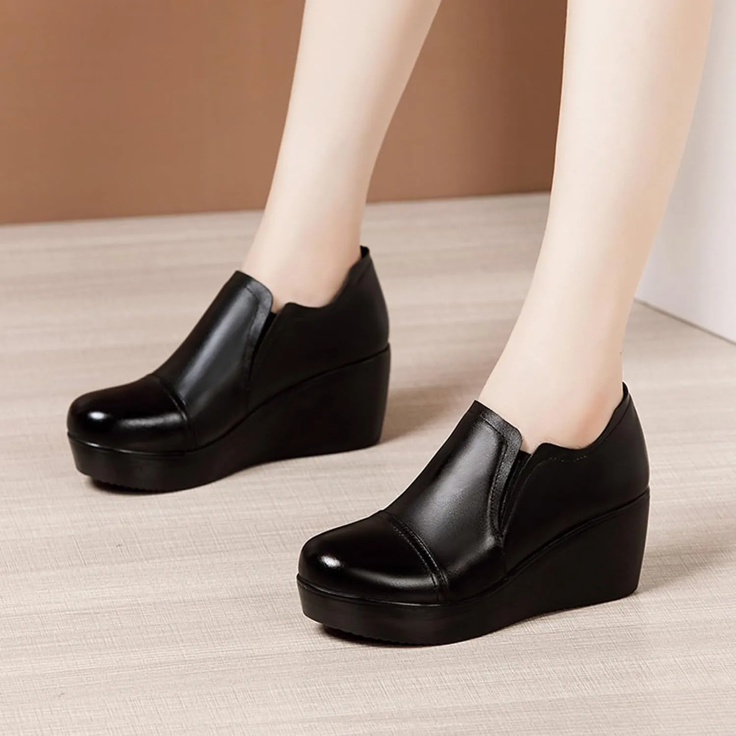 Women's Leather Wedge Heel Slip On Booties Comfort Round Toe Non Slip Platform Ankle Boots Casual Shopping Walking Loafers