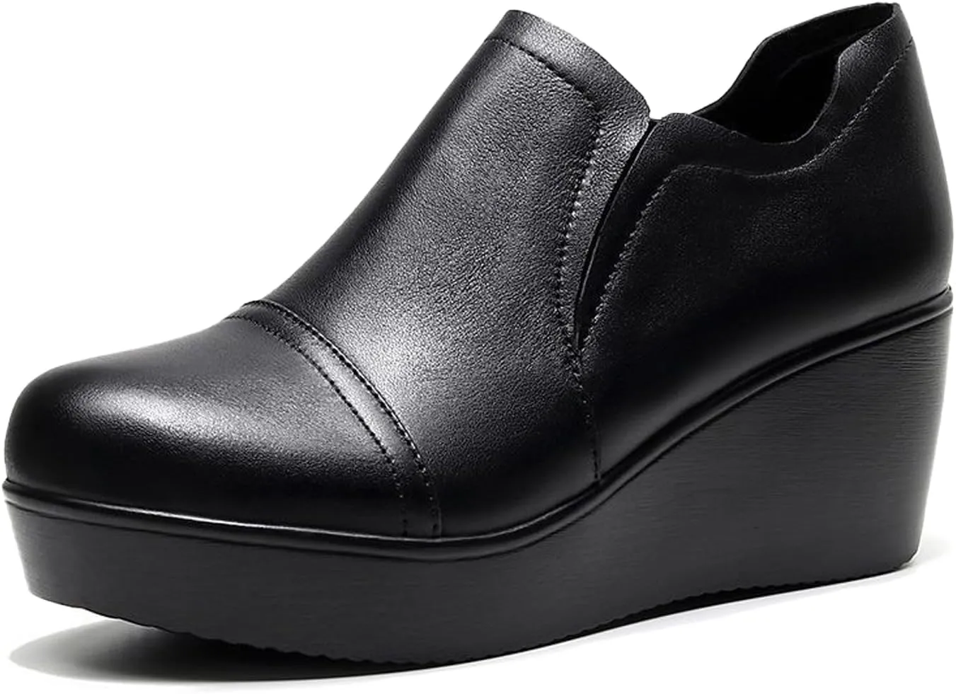 Women's Leather Wedge Heel Slip On Booties Comfort Round Toe Non Slip Platform Ankle Boots Casual Shopping Walking Loafers