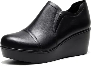 Women's Leather Wedge Heel Slip On Booties Comfort Round Toe Non Slip Platform Ankle Boots Casual Shopping Walking Loafers