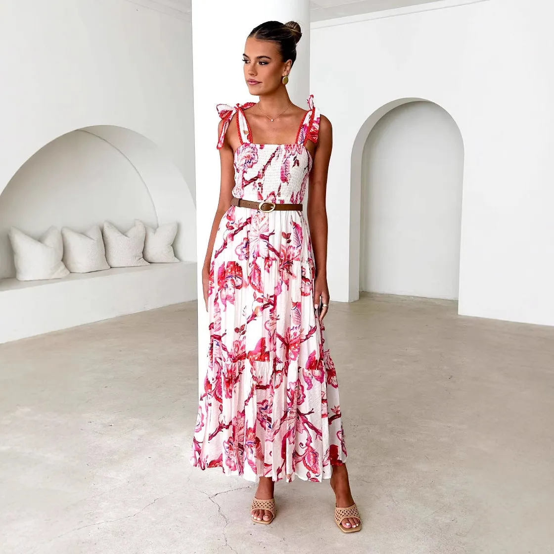 Women’s Maxi Dress – Smocked Bodice – Tie Shoulder Straps – Flowy Lightweight Skirt
