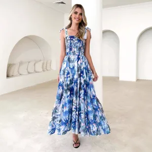 Women’s Maxi Dress – Smocked Bodice – Tie Shoulder Straps – Flowy Lightweight Skirt